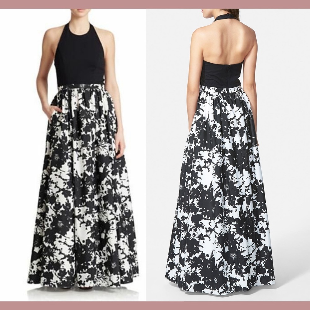 NWT Aidan by Aidan Mattox [sz 4 ] Floral Ponte‎ & Taffeta Halter Gown Black